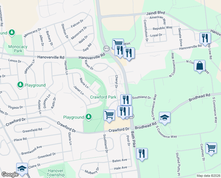 map of restaurants, bars, coffee shops, grocery stores, and more near 4707 Cheryl Drive in Bethlehem