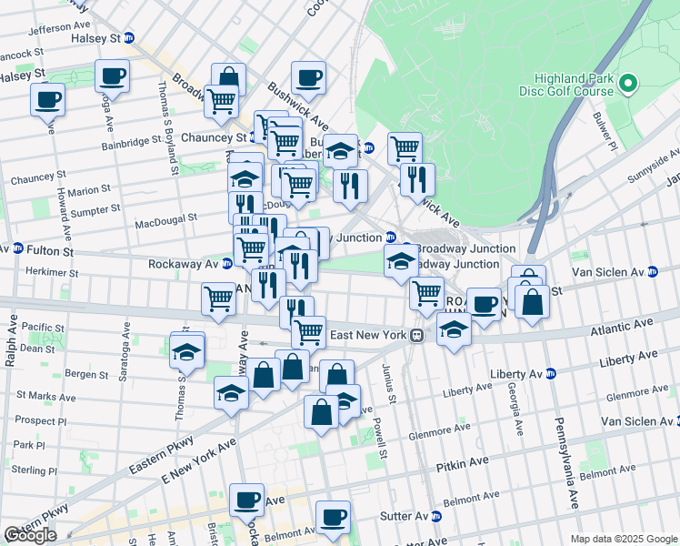 map of restaurants, bars, coffee shops, grocery stores, and more near 81 Truxton Street in Brooklyn