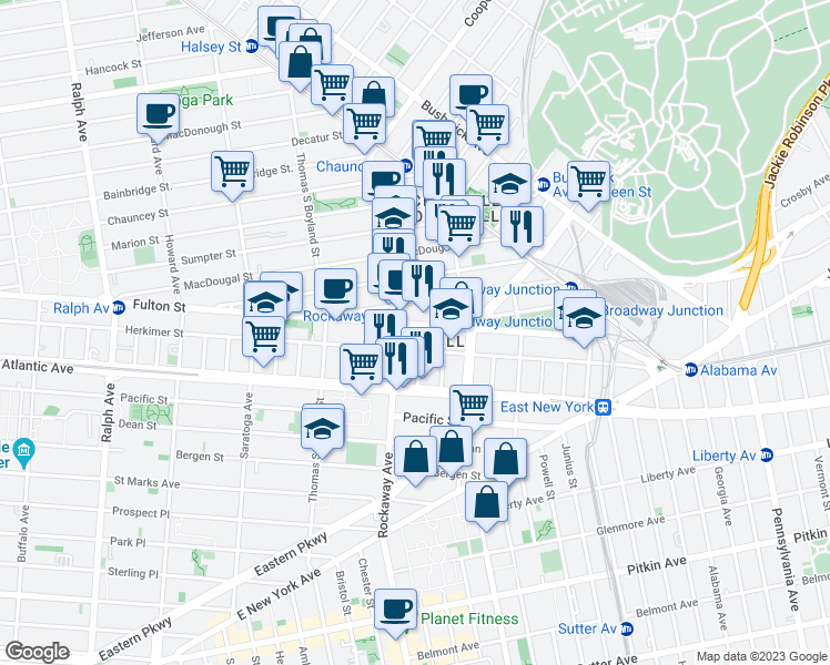 map of restaurants, bars, coffee shops, grocery stores, and more near 2083 Fulton Street in Brooklyn
