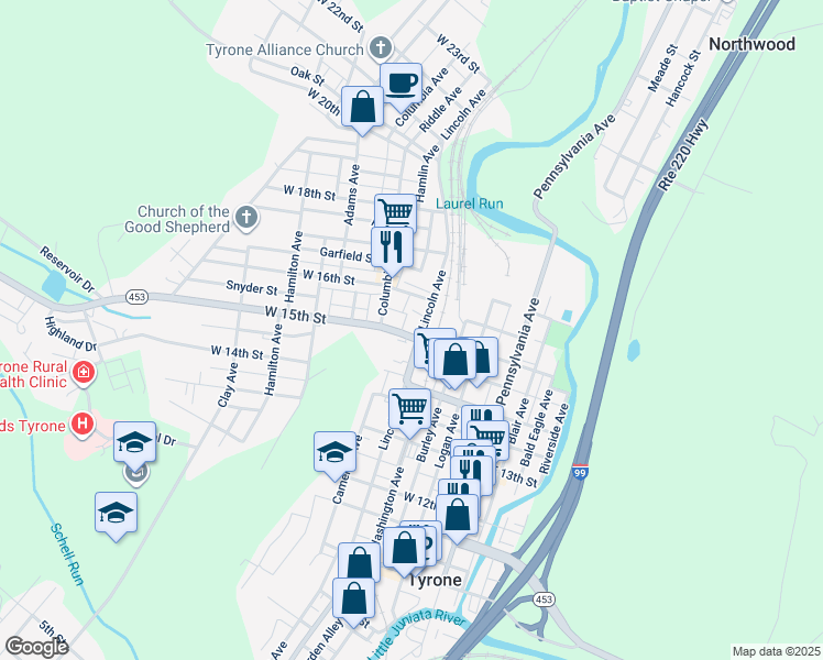 map of restaurants, bars, coffee shops, grocery stores, and more near 306 West 15th Street in Tyrone