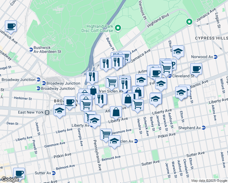 map of restaurants, bars, coffee shops, grocery stores, and more near 118 Miller Avenue in Brooklyn
