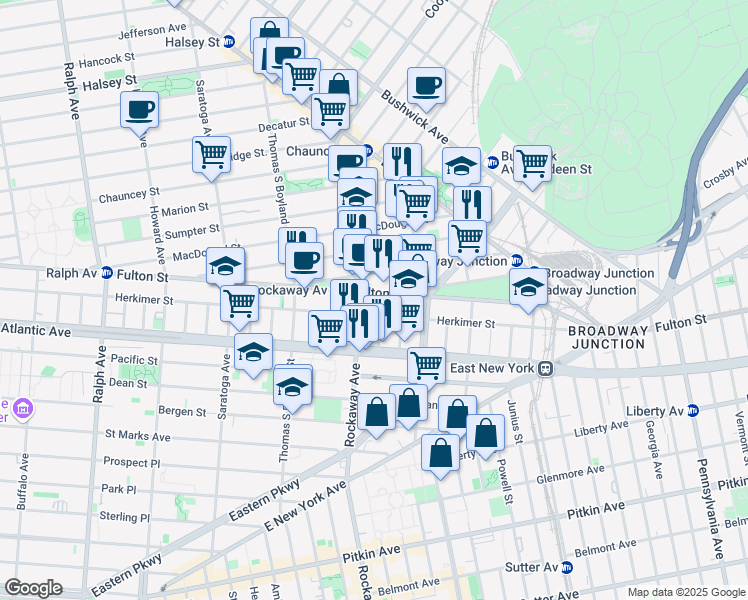 map of restaurants, bars, coffee shops, grocery stores, and more near 2083 Fulton Street in Brooklyn