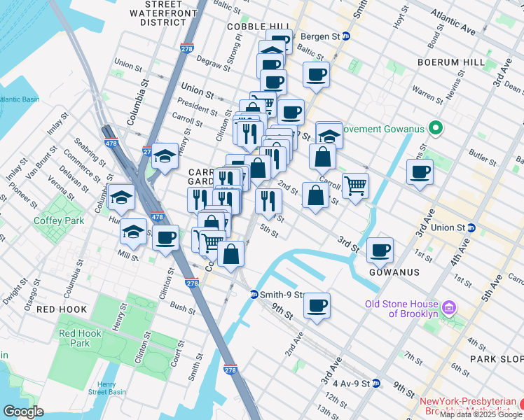 map of restaurants, bars, coffee shops, grocery stores, and more near 405 Smith Street in Brooklyn