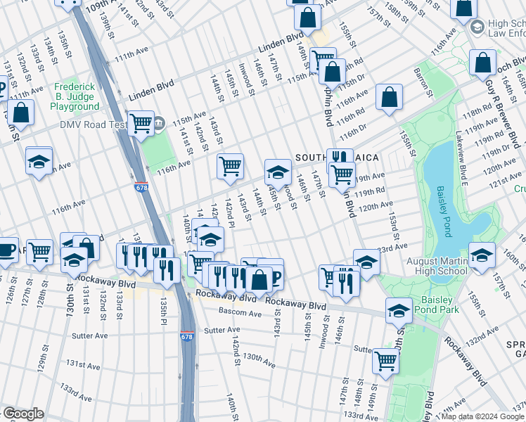 map of restaurants, bars, coffee shops, grocery stores, and more near 144th Street in Queens