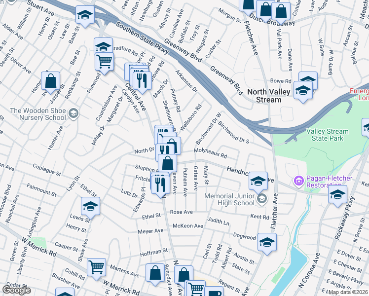 map of restaurants, bars, coffee shops, grocery stores, and more near 75 Birchwood Drive South in Valley Stream