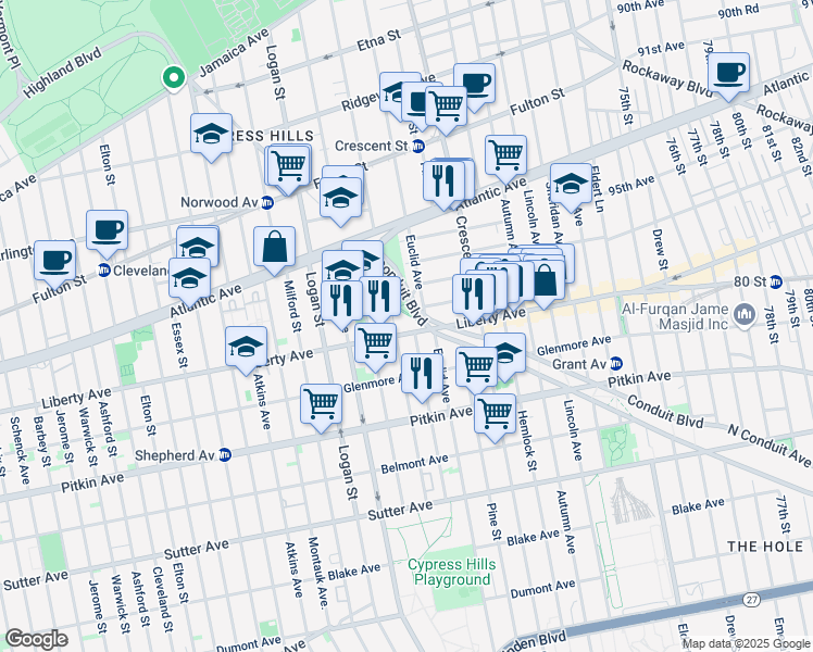 map of restaurants, bars, coffee shops, grocery stores, and more near 361 Chestnut Street in Brooklyn