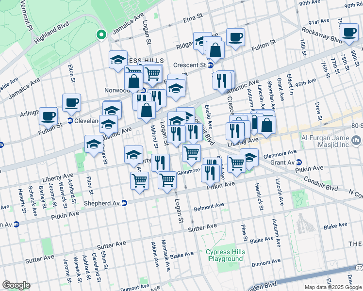 map of restaurants, bars, coffee shops, grocery stores, and more near 1940 Wells Street in Brooklyn