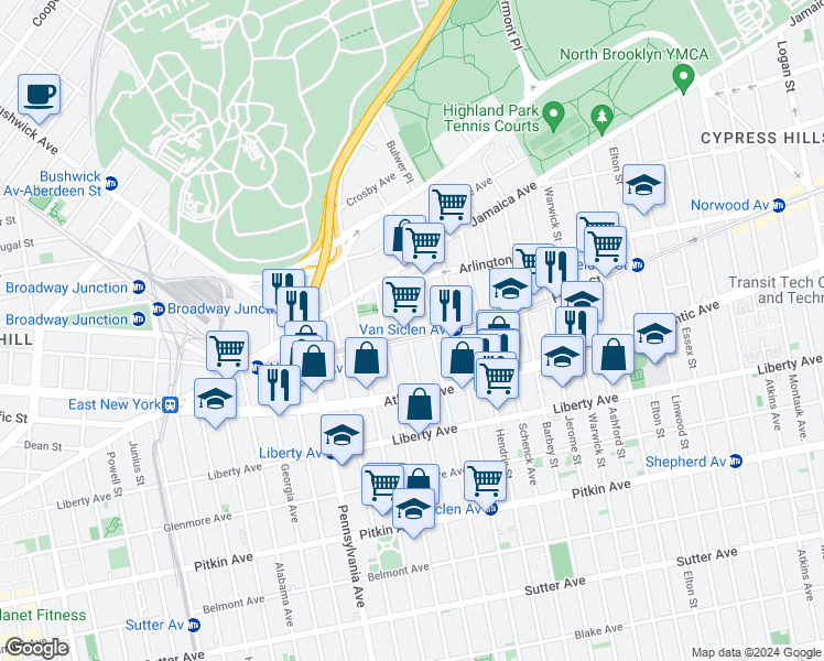 map of restaurants, bars, coffee shops, grocery stores, and more near 118 Miller Avenue in Brooklyn