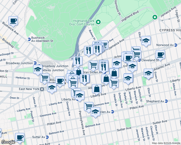 map of restaurants, bars, coffee shops, grocery stores, and more near 35 Wyona Street in Brooklyn