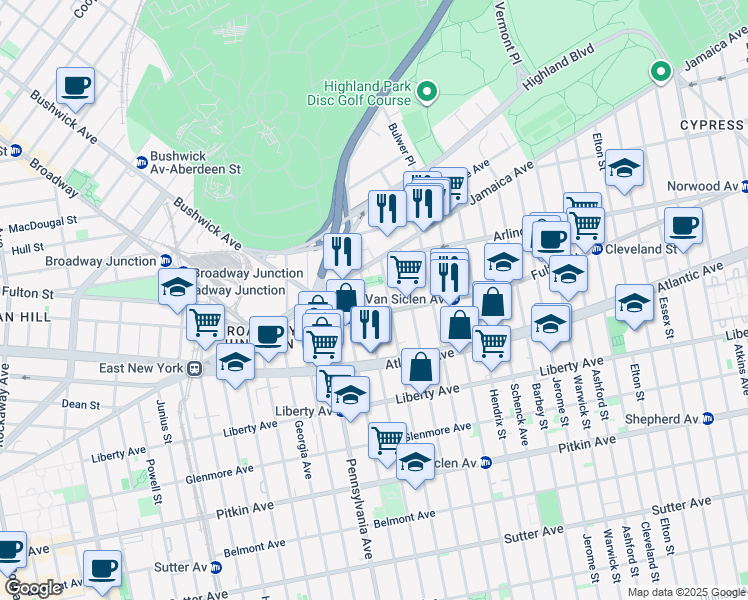 map of restaurants, bars, coffee shops, grocery stores, and more near 35 Wyona Street in Brooklyn