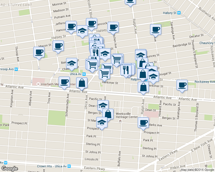 map of restaurants, bars, coffee shops, grocery stores, and more near 781 Herkimer Street in Brooklyn