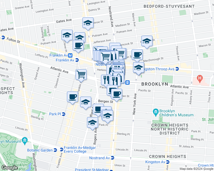map of restaurants, bars, coffee shops, grocery stores, and more near 1238 Atlantic Avenue in Brooklyn