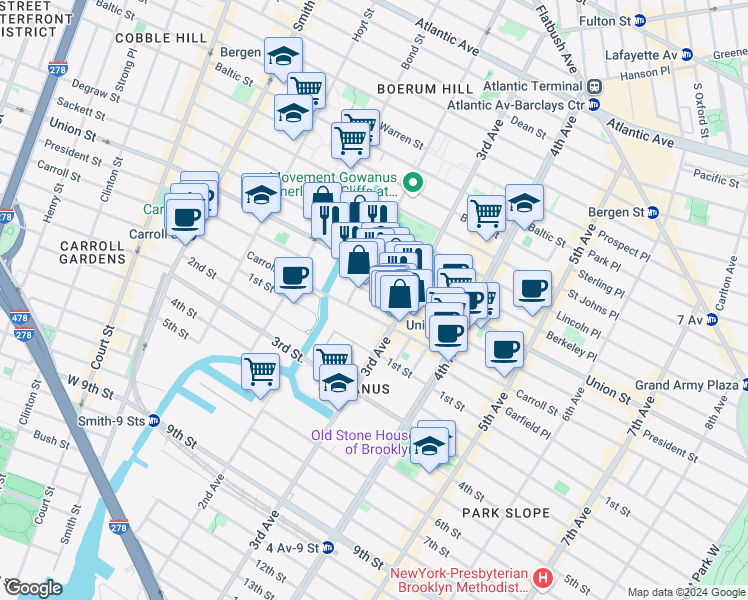 map of restaurants, bars, coffee shops, grocery stores, and more near 469 President Street in Brooklyn