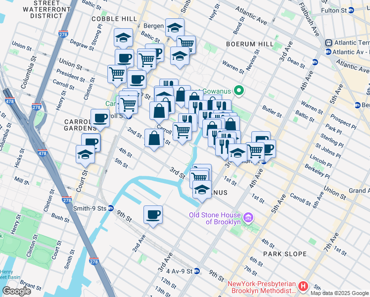 map of restaurants, bars, coffee shops, grocery stores, and more near 347 Bond Street in Brooklyn