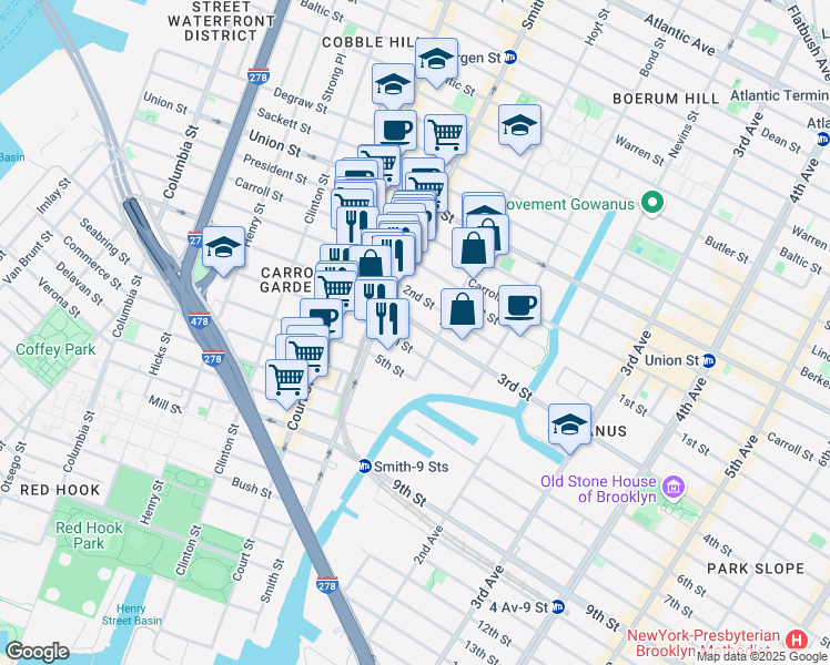 map of restaurants, bars, coffee shops, grocery stores, and more near 21 3rd Street in Brooklyn