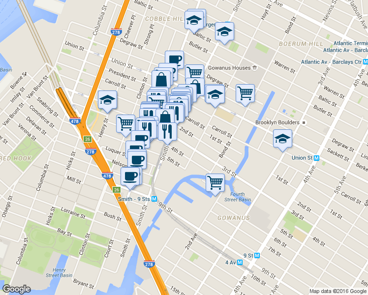 map of restaurants, bars, coffee shops, grocery stores, and more near 21 3rd Street in Brooklyn
