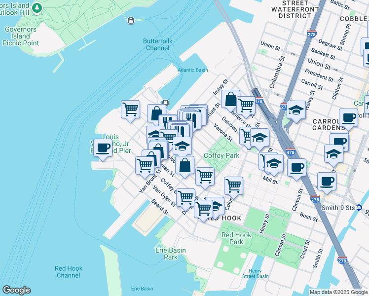 map of restaurants, bars, coffee shops, grocery stores, and more near 332 Van Brunt Street in Brooklyn