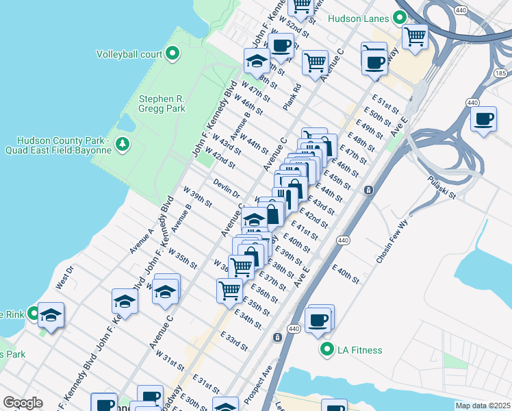 map of restaurants, bars, coffee shops, grocery stores, and more near 900 Avenue C in Bayonne