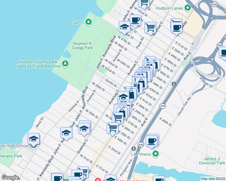 map of restaurants, bars, coffee shops, grocery stores, and more near 70 West 40th Street in Bayonne