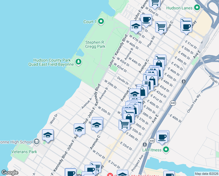 map of restaurants, bars, coffee shops, grocery stores, and more near 103 West 39th Street in Bayonne