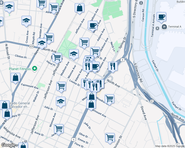 map of restaurants, bars, coffee shops, grocery stores, and more near in Elizabeth