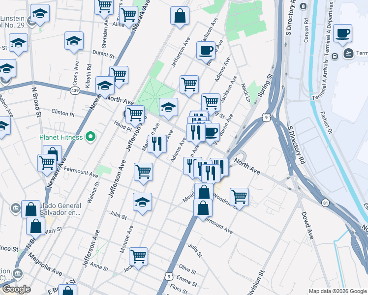 map of restaurants, bars, coffee shops, grocery stores, and more near 837 North Avenue in Elizabeth