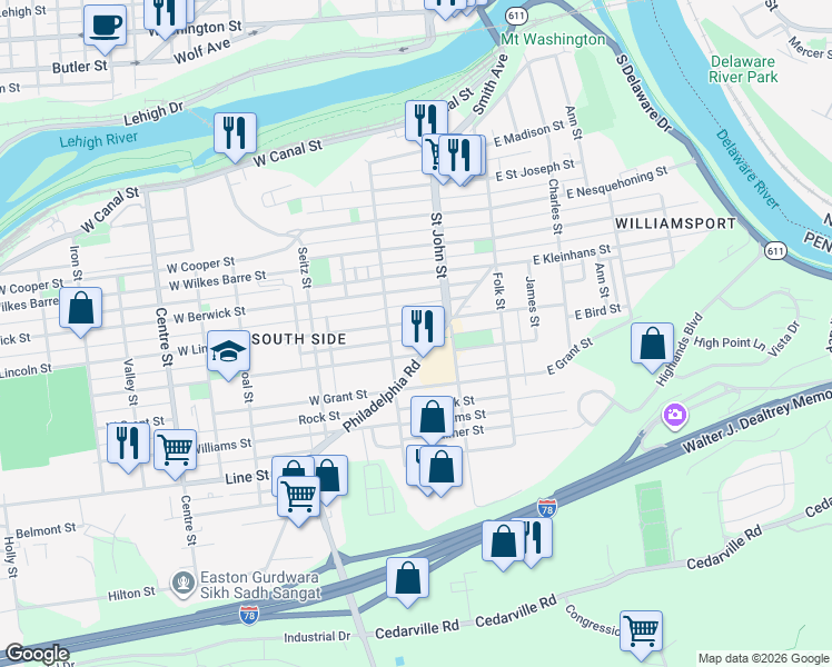 map of restaurants, bars, coffee shops, grocery stores, and more near 249 West Lincoln Street in Easton