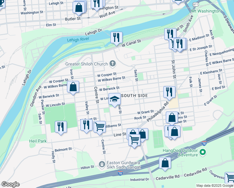 map of restaurants, bars, coffee shops, grocery stores, and more near 474 West Berwick Street in Easton