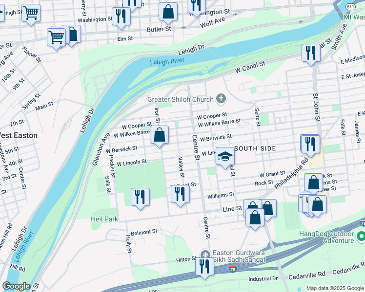 map of restaurants, bars, coffee shops, grocery stores, and more near 717 West Berwick Street in Easton