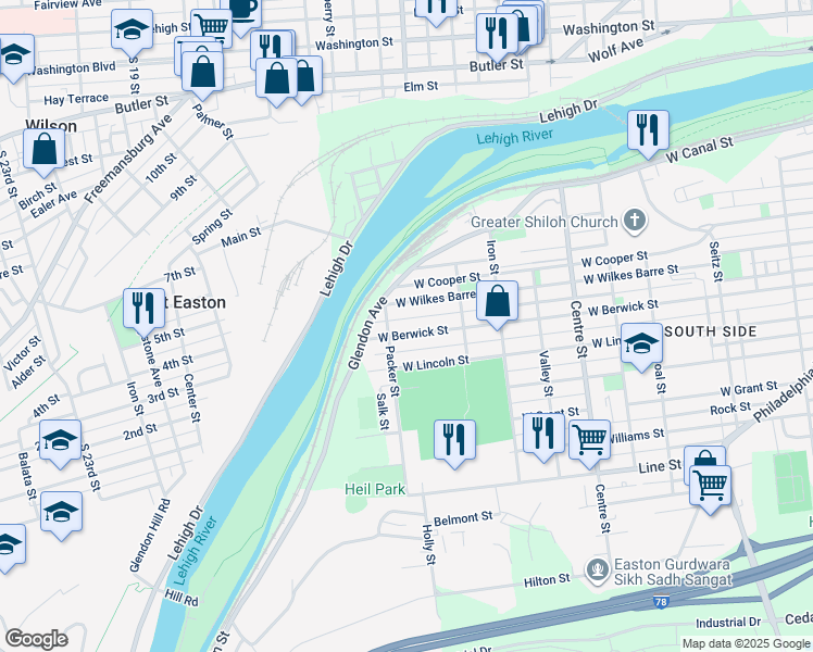 map of restaurants, bars, coffee shops, grocery stores, and more near 1082 West Wilkes Barre Street in Easton