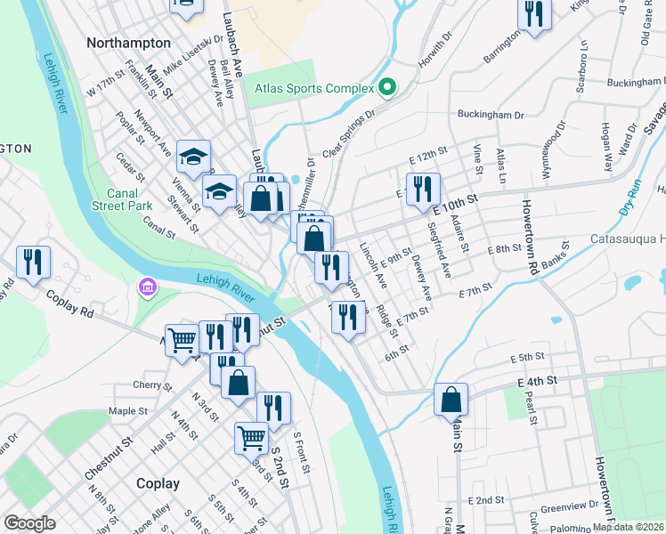 map of restaurants, bars, coffee shops, grocery stores, and more near 10 East 10th Street in Northampton