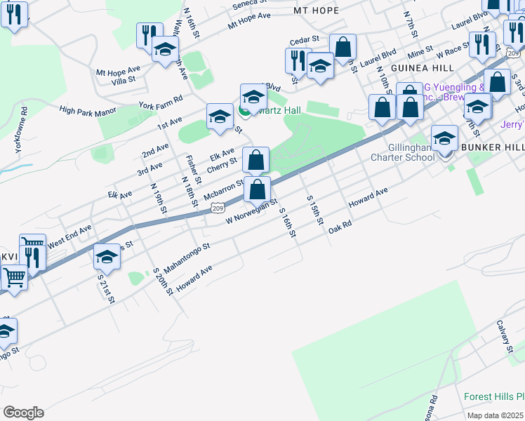 map of restaurants, bars, coffee shops, grocery stores, and more near 1631 West Norwegian Street in Pottsville
