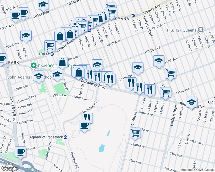 map of restaurants, bars, coffee shops, grocery stores, and more near 109-49 109th Street in Queens