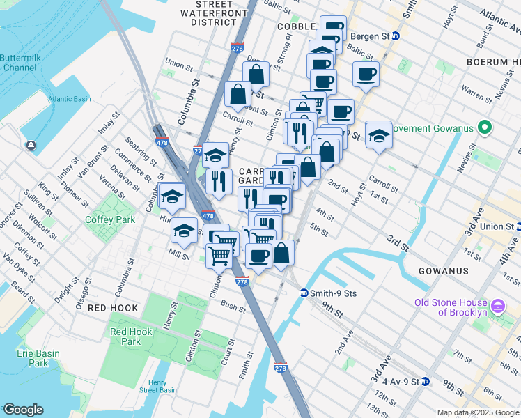 map of restaurants, bars, coffee shops, grocery stores, and more near 61 4th Place in Brooklyn