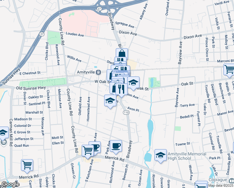 map of restaurants, bars, coffee shops, grocery stores, and more near 188 Park Avenue in Amityville