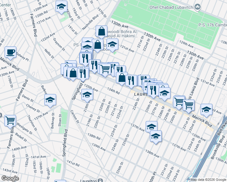 map of restaurants, bars, coffee shops, grocery stores, and more near 134-11 220th Street in Queens