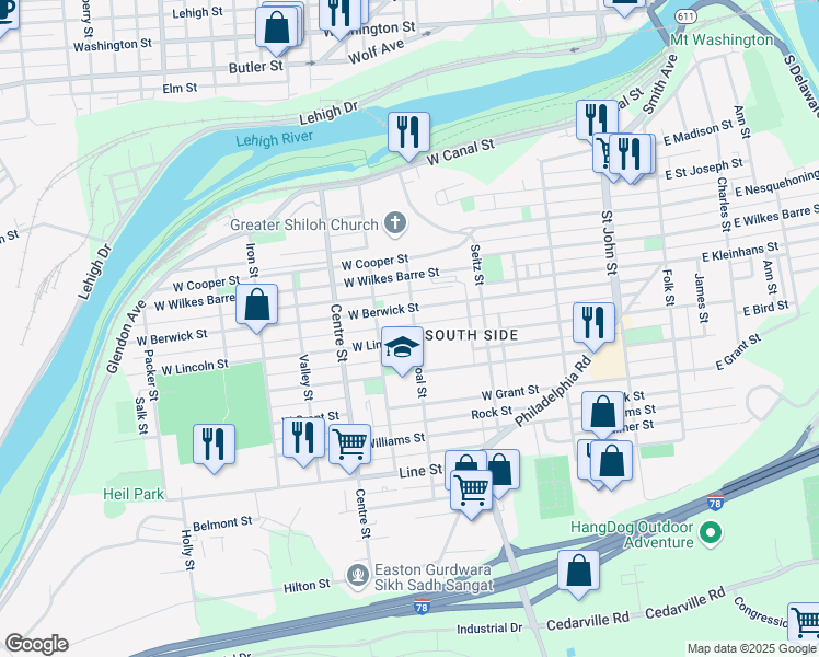 map of restaurants, bars, coffee shops, grocery stores, and more near 474 West Berwick Street in Easton