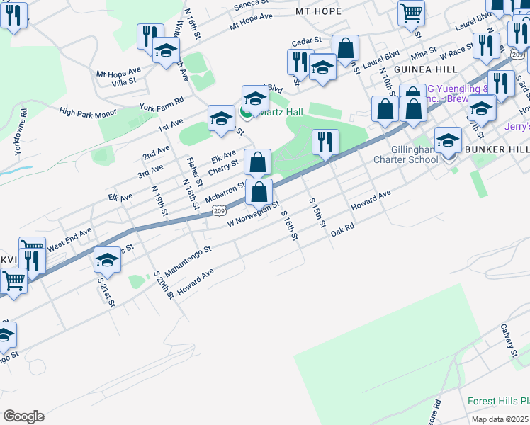 map of restaurants, bars, coffee shops, grocery stores, and more near 1631 West Norwegian Street in Pottsville