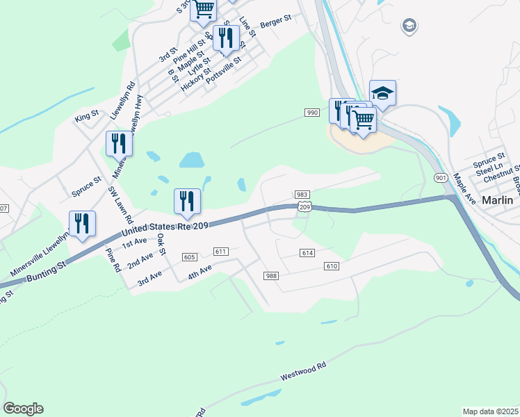 map of restaurants, bars, coffee shops, grocery stores, and more near 1457 Bunting Street in Pottsville