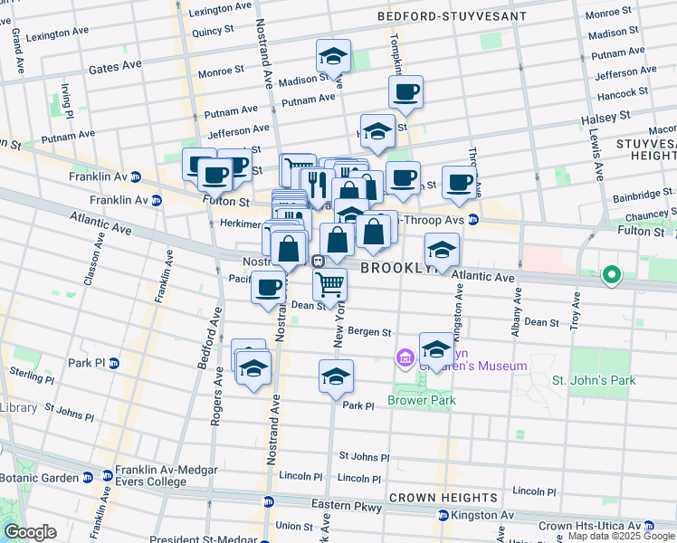 map of restaurants, bars, coffee shops, grocery stores, and more near 1313 Atlantic Avenue in Brooklyn