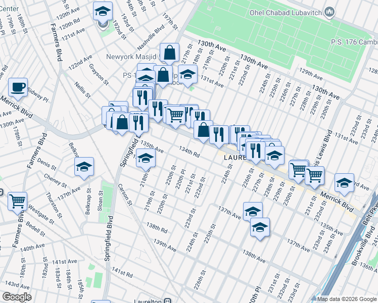map of restaurants, bars, coffee shops, grocery stores, and more near 134-11 220th Street in Queens