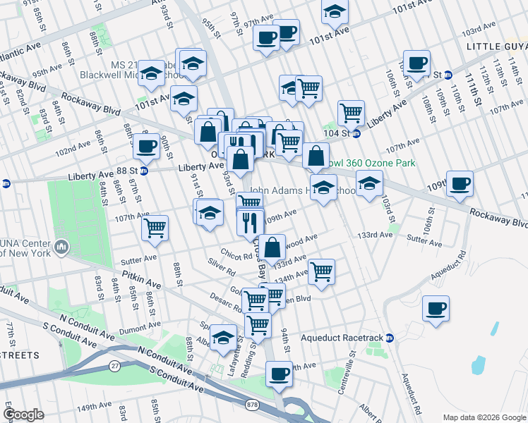 map of restaurants, bars, coffee shops, grocery stores, and more near 106-66 95th Street in Queens