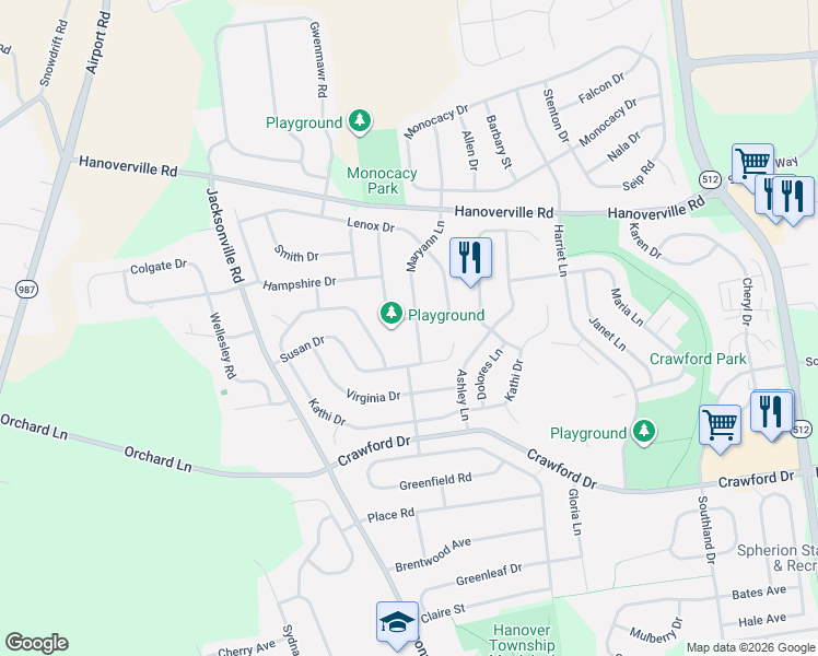 map of restaurants, bars, coffee shops, grocery stores, and more near 4850 Matts Drive in Bethlehem
