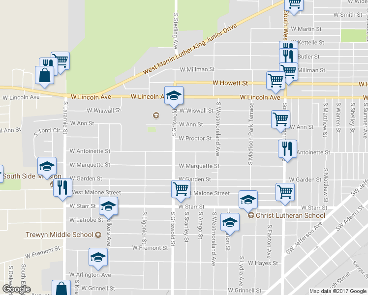 map of restaurants, bars, coffee shops, grocery stores, and more near 2428 West Proctor Street in Peoria