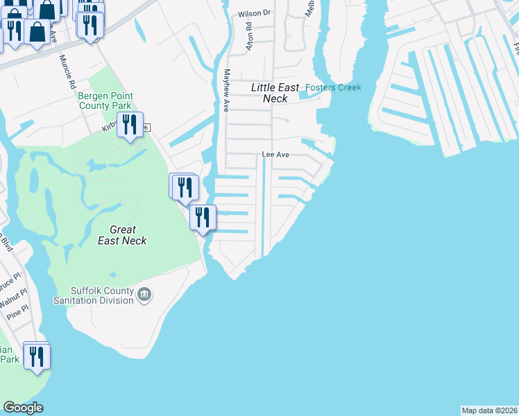 map of restaurants, bars, coffee shops, grocery stores, and more near 50 South Bay Drive in Babylon