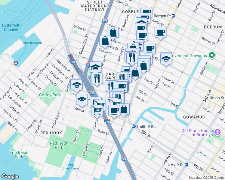 map of restaurants, bars, coffee shops, grocery stores, and more near 64 4th Place in Brooklyn
