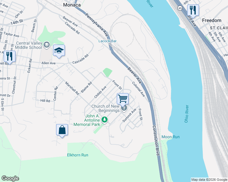 map of restaurants, bars, coffee shops, grocery stores, and more near 803 Nimick Avenue in Monaca