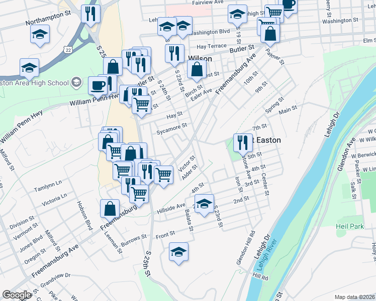map of restaurants, bars, coffee shops, grocery stores, and more near 2410 Freemansburg Avenue in Easton