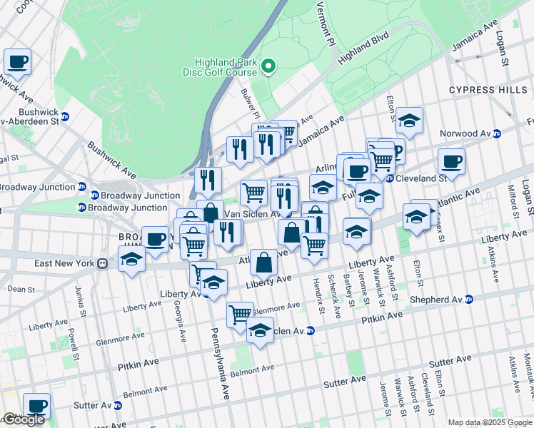 map of restaurants, bars, coffee shops, grocery stores, and more near 118 Miller Avenue in Brooklyn