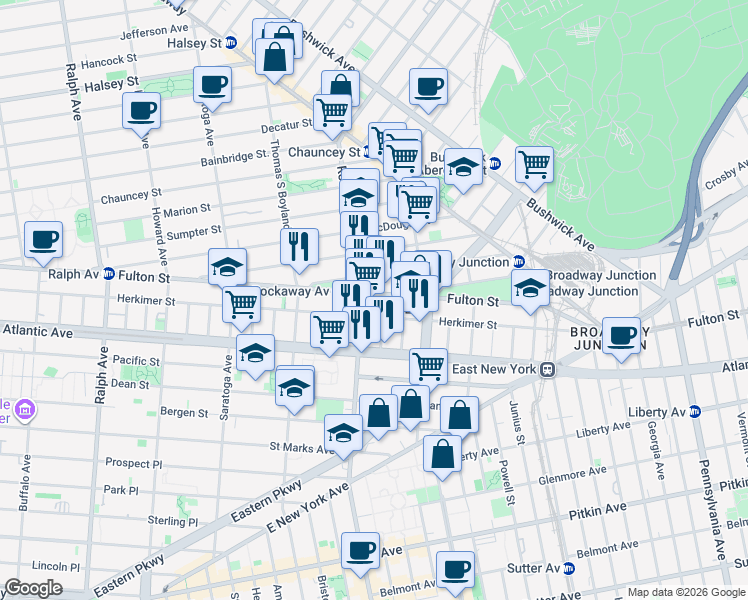 map of restaurants, bars, coffee shops, grocery stores, and more near 2162 Fulton Street in Brooklyn